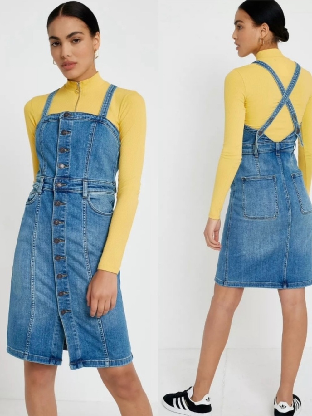 Free People Denim Overall Pinafore Dress Button Front Cross Back Stretch Size 4
